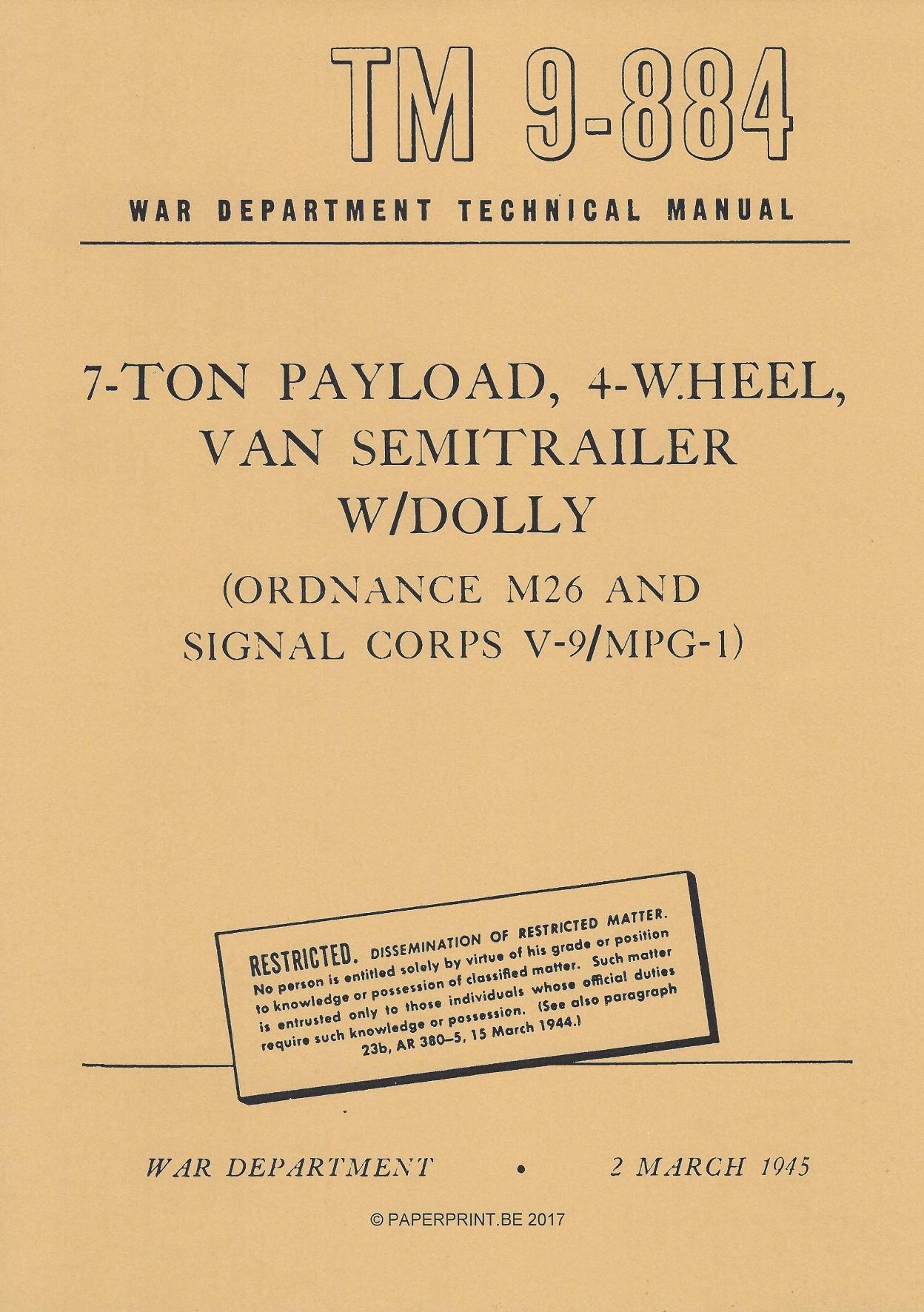 TM 9-884 US 7-TON PAYLOAD, 4-WHEEL, VAN SEMITRAILER W/DOLLY